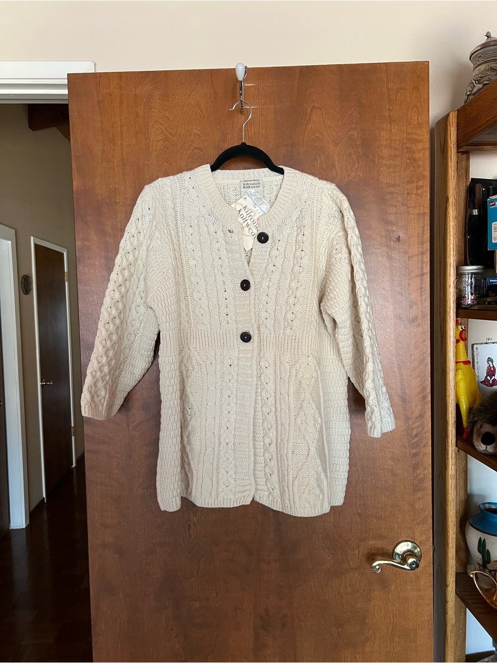 Kilronan 100% Merino Wool Knit Cable Button-Front Cardigan Sweater in Cream